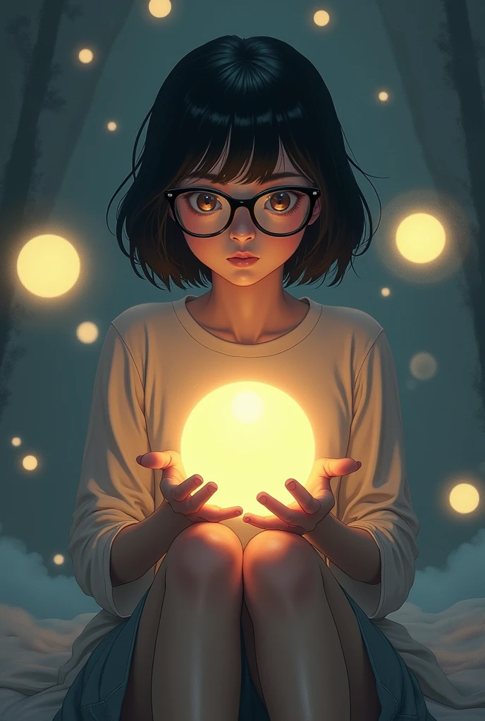 ((1girl)), anime, short dark hair, dark skin, shiny glasses lenses, mouth closed and expressionless, sitting, with her hands holding a glowing orb while two other glowing spheres orbit around her.
