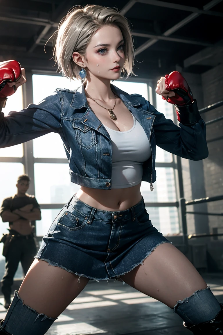 1girl in, solo, android 18, Silver blonde hair, Blue eyes, Short hair, Jewelry, earrings, Smile, Jacket, Looking to the side, denim, Denim jacket, Upper body, makeup、cloud, skyporn, day, Looking away, Blue sky, clavicle, Leather Mini Skirt、Amitant、Full body painting of boots、 very Bigger breasts,busty figure, fleshy feeling, Sweat profusely, perfect detail, High-resolution fine textures, depth of field effect, Vivid lighting effects, lightand shade contrast, Ray tracing and flare effects, Best texture, A futuristic, (((fighting poses)))、Abrasions on the fists