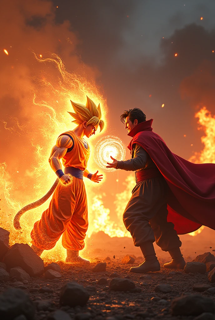 Goku Ultra Instinct vs Doctor Strange, both are angry on the battlefield with fire all around