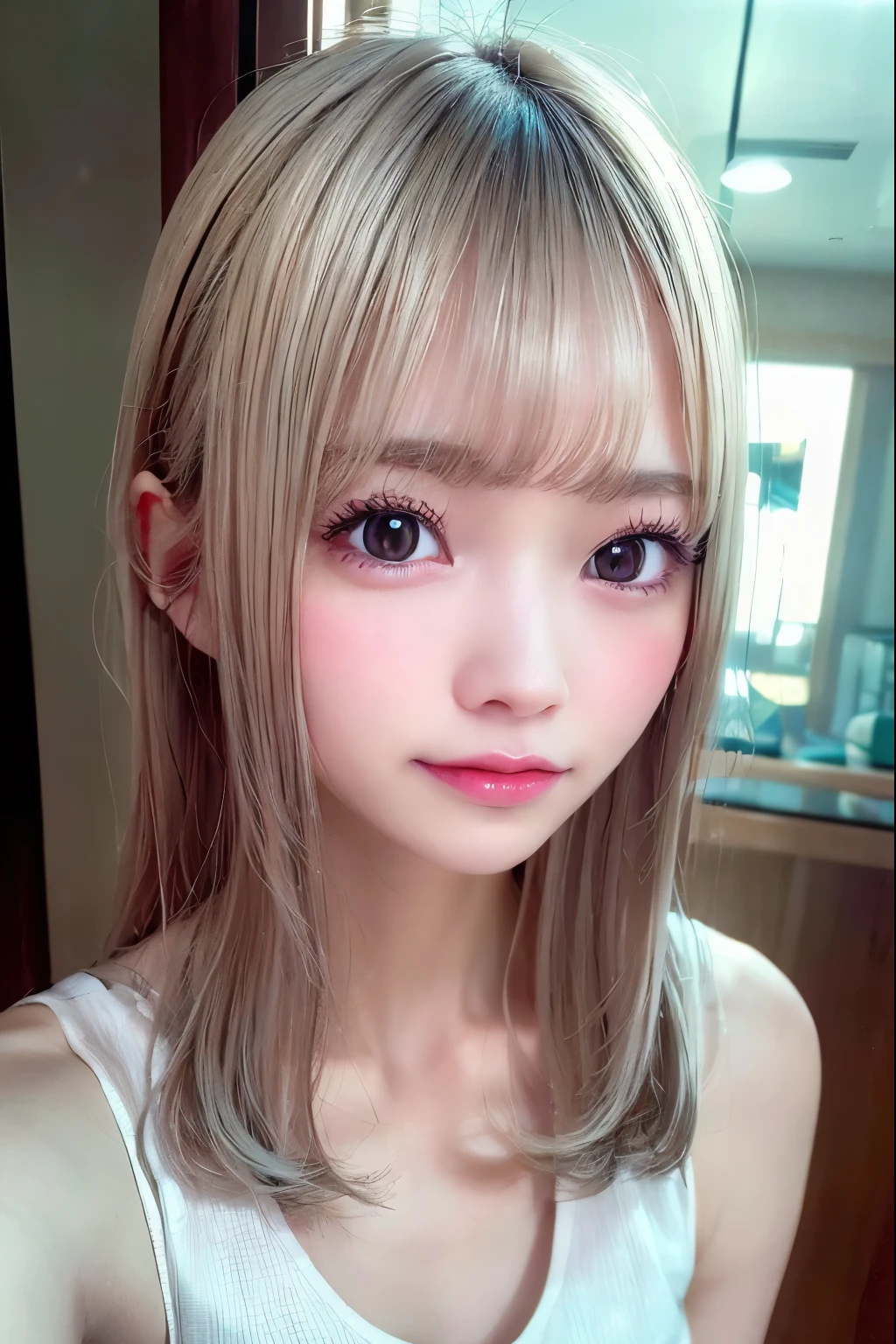 1 girl, Tシャツ, ホットパンツ, デニムパンツ,silver straight hair, blondes, medium long hair, she is AYA MIYABI, 2, Bishojo, looking at viewer, she is famous Japanese idol, kawaii, (mascara), eyeliner, almond eye, natural eyebrows, thin lips, Natural color lip, extremely detailed skin, fair skin, smile, cute, realistic face, slender face, beautiful skin, flat chest, clavicle, slender body, Forehead, delicate thighs, skinny legs, lean legs, Best quality, (8k, RAW photo, best quality, childish face, masterpiece:1.2), ultra-detailed, (realistic, photo realistic:1.37), high detail RAW color photo, an extremely delicate and beautiful, extremely detailed(Selfie:1.1), finely detail,