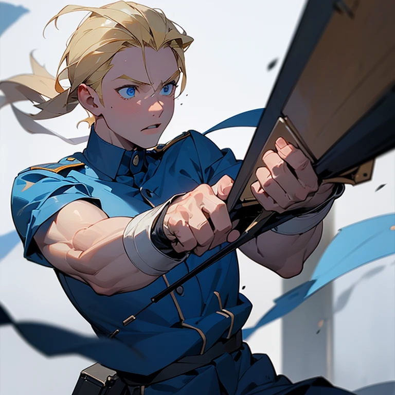 blond hair, blue eyes, young soldier, masculine, 20 years, athletic, Caucasian, blond hair, blue eyes, marked arms, slightly inflated chest, strong abs. blue military uniform. M4A1 machine gun.