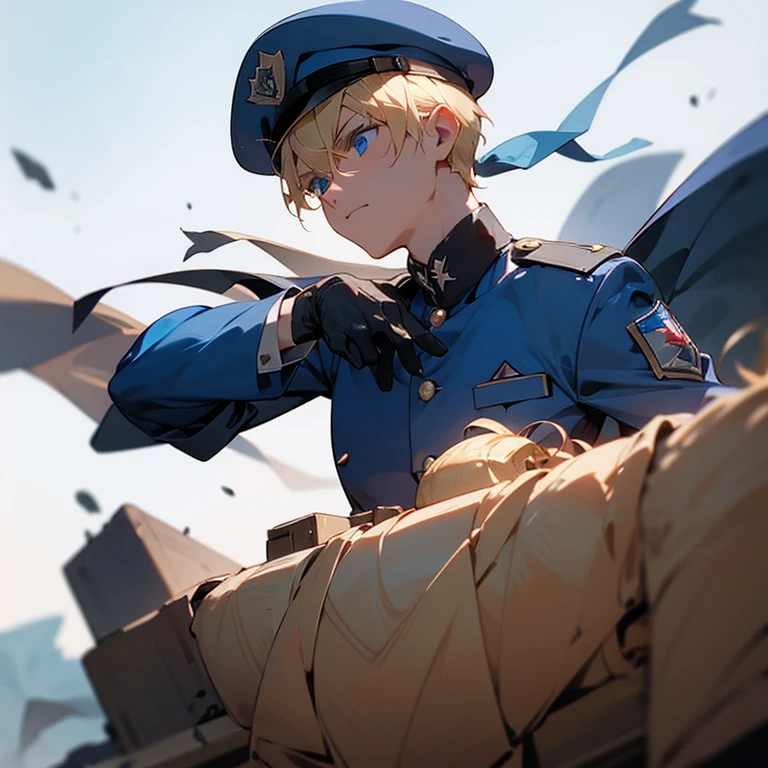blond hair, blue eyes, young soldier, masculine, 20 years, athletic, Caucasian, blond hair, blue eyes, marked arms, slightly inflated chest, strong abs. blue military uniform. M4A1 machine gun.