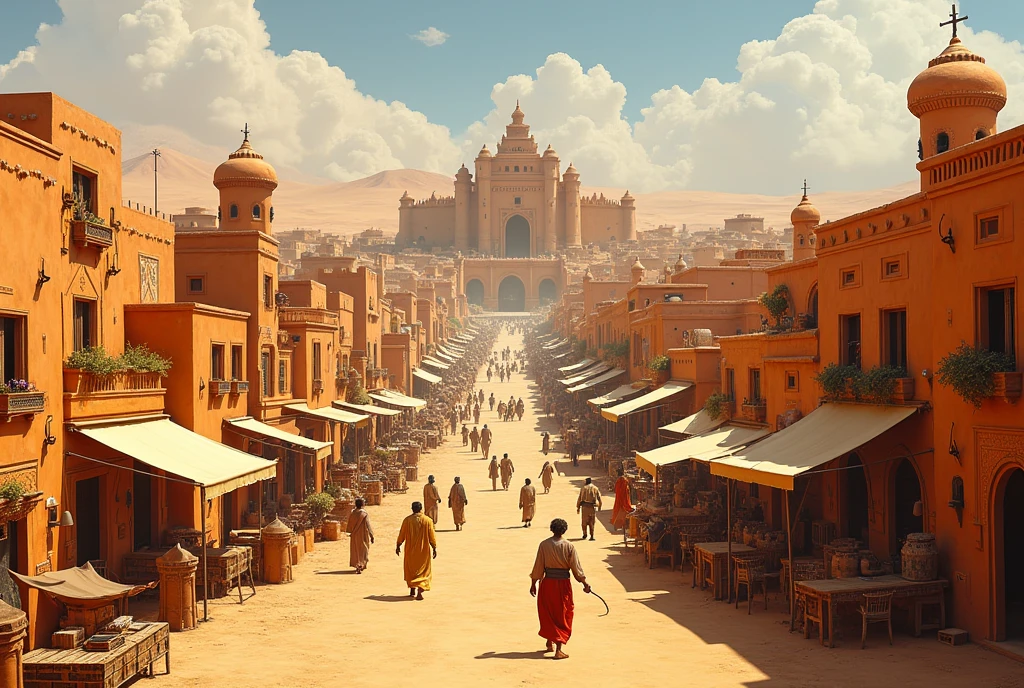 A desert in broad daylight, houses and structures typical of a fully-fledged civilization in the middle of the desert, houses of sand and sandstone, decorated with pallets, clay and orange colors. brown population. The city contains large and very well-structured houses., A castle can be seen in the distance. The city is very rich and populated, It is also known for its large market..