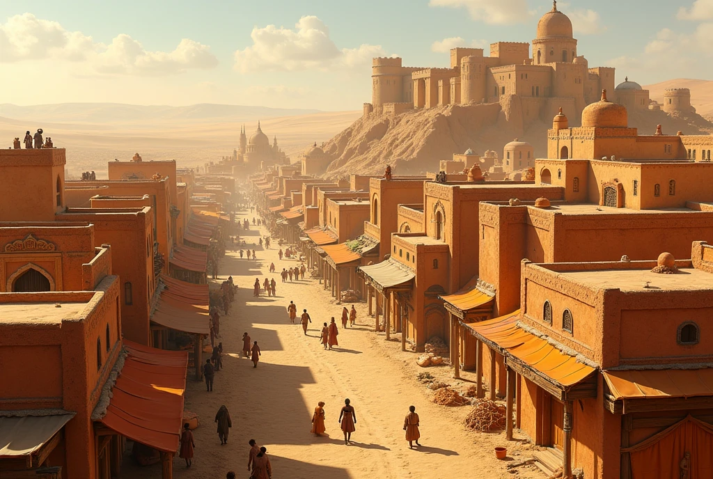 A desert in broad daylight, houses and structures typical of a fully-fledged civilization in the middle of the desert, houses of sand and sandstone, decorated with pallets, clay and orange colors. brown population. The city contains large and very well-structured houses., A castle can be seen in the distance. The city is very rich and populated, It is also known for its large market..