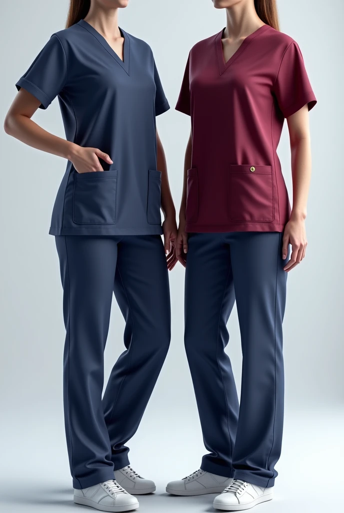 Two Medical scrubs, female , 3D, Navy blue and maroon Top and bottom, top with upper pocket and lower two pockets , free top and bottom