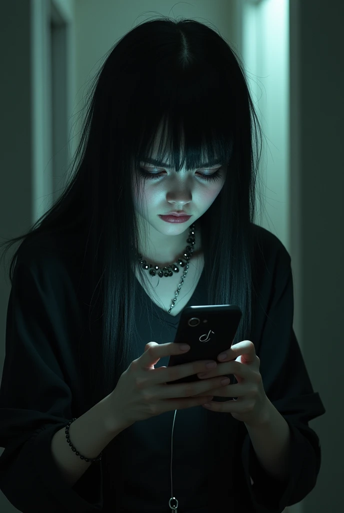 A gothic emo (no-makeup) with long black hair, skinny and hunchbacked with his upper lip bigger than his lower lip watching tik tok