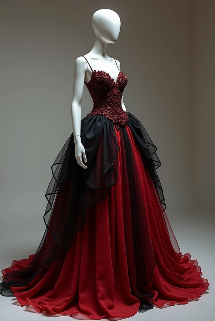 Make a mannequin with a red and black long princess style dress.