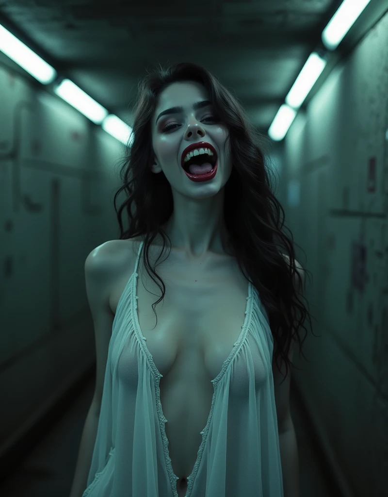 In the depths of an abandoned mountain tunnel, eerily lit by flickering fluorescent tubes, a stunning evil spirit materializes. The camera captures a subjective POV shot as we gaze upon the enchanting woman standing like a specter in a sheer white negligee. Her porcelain skin and raven-black lips seem almost otherworldly in their beauty. As she regards us with her head tilted slightly downward, her alluring curves accentuated by the flowing fabric, we can't help but be drawn to her mesmerizing allure. Suddenly, her gaze fixes on us, and a wicked, throaty laugh echoes through the tunnel, sending shivers down our spine as she revels in her malevolent power., perfectly beautiful body, super detailed skin, glossy skin, Beautifully detailed mouth, beautifully detailed teeth, beautifully detailed fangs, beautifully detailed tongue, beautifully detailed lips, masterpiece, incredibly absurd res, absolutely resolution, ultra high res,