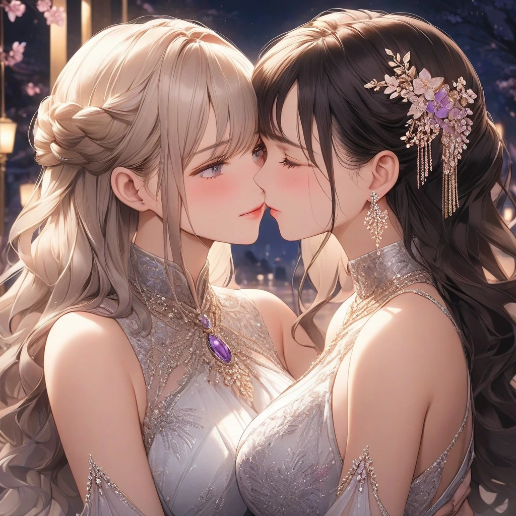 high resolution, details, Masterpiece, Anatomically correct, best quality, 2 Kissed wman , One has long Grey hair with grey eyes, The other has long light brown hair with purple eyes.., High Quality, couple , Girls love girls...................., Yuri,,A Beautiful Girl, lesbian, lover, luxury, dynasty ,castles.night light. dim lighting. romantic. kiss. Expressions of love . at night. Cherry trees,.large boobs. body plump, Look at each other..... . Embarrassed ,dimlight, one person close eyes, one person crying, sad expression, goodbyes kiss, luxurious dress.