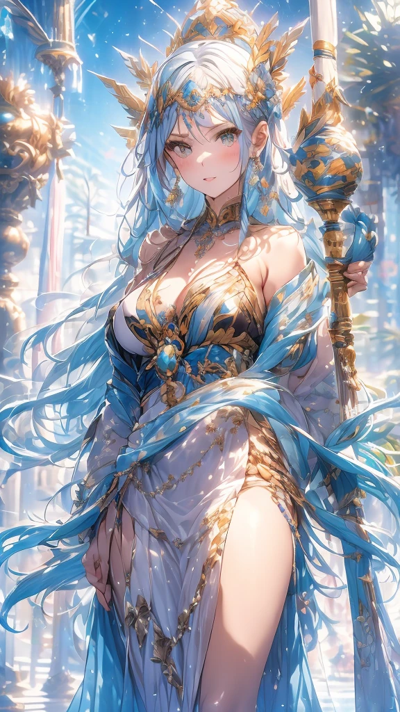 best quality,masterpiece,Ultra-high resolution,photoactual:4:0,In front of the Ice Crystal Palace,An ice goddess,Head style,Long flowing blue hair,Big breasts,Wearing a blue and white Japanese miko costume,Holding an ice crystal staff