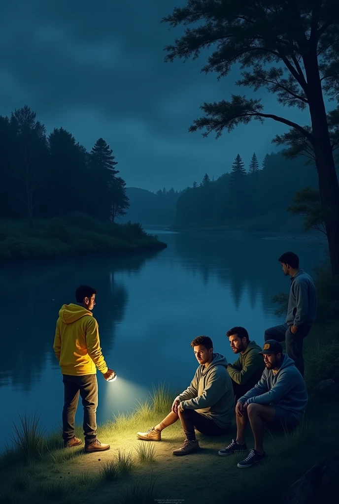 Lake, riverside, men, yellow jacket, flashlight