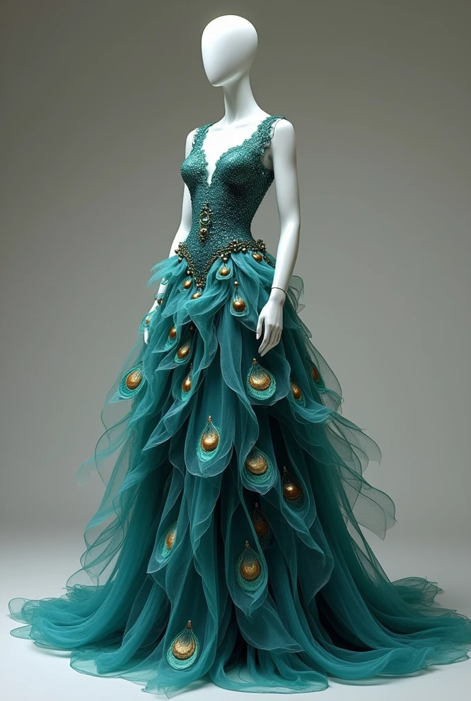 Make a mannequin with a blue and green peacock style dress