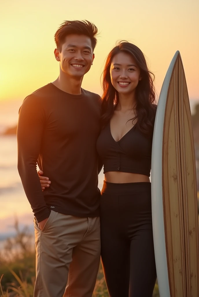 create A man and woman, asian face, (((holding board))). has a confident and happy expression on her face, with a slight smile and bright eyes.wearing wearing (((black surfer outfit))), (((modest clothing))), (((long pants))),full body, background golden hour