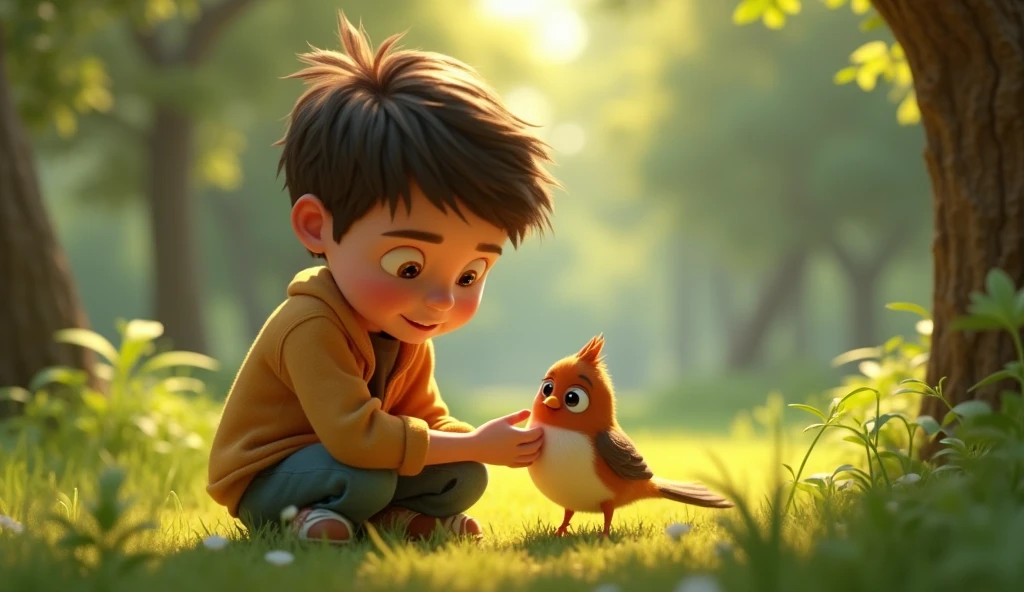 Creat a 3d animation images" Narrate the moment Dio finds the injured bird and decides to care for it."