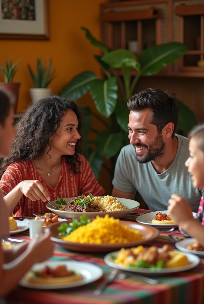realistic photo of a happy Brazilian family having dinner usando a foto de mulhos no jantar