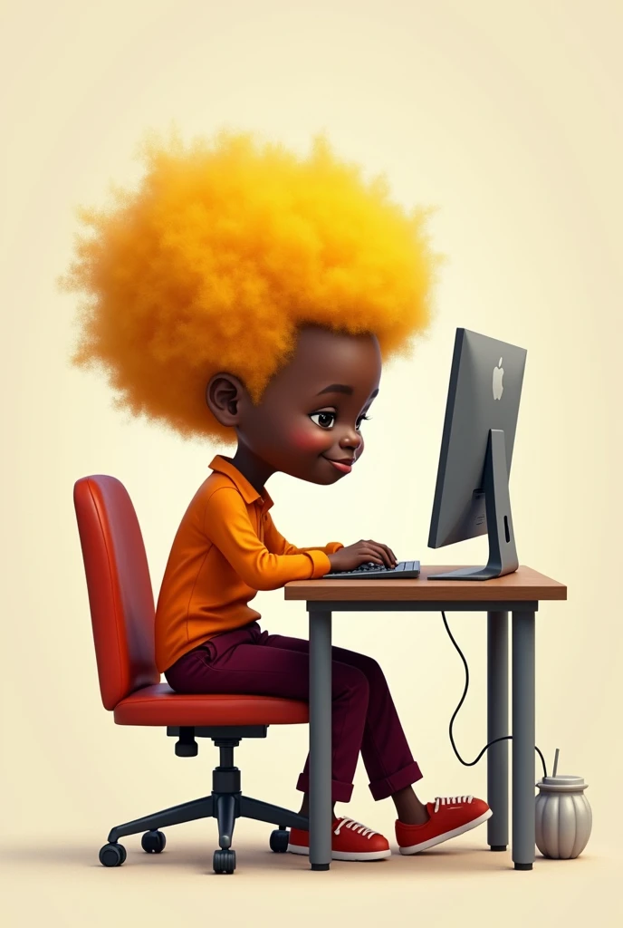 A little black person with yellow hair wearing wine-colored pants and an orange shirt at a computer
