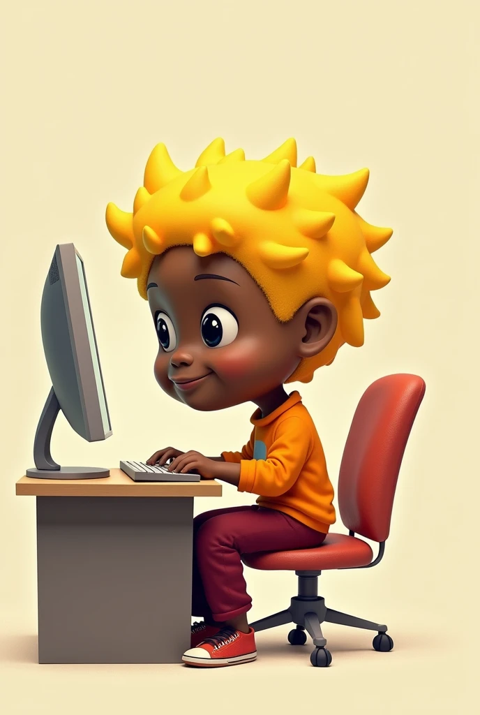 A little black person with yellow hair wearing wine-colored pants and an orange shirt at a computer