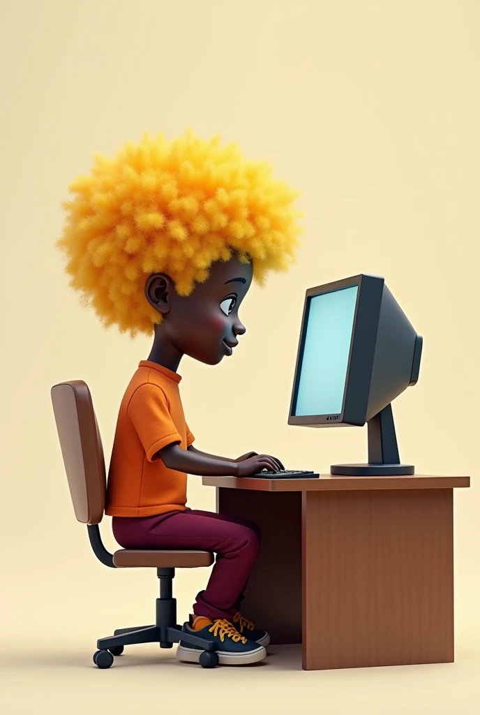 A little black person with yellow hair wearing wine-colored pants and an orange shirt at a computer