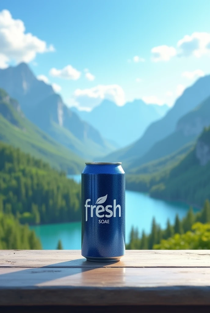cold can of soda on a table with a beautiful landscape with the fresh brand in navy blue color