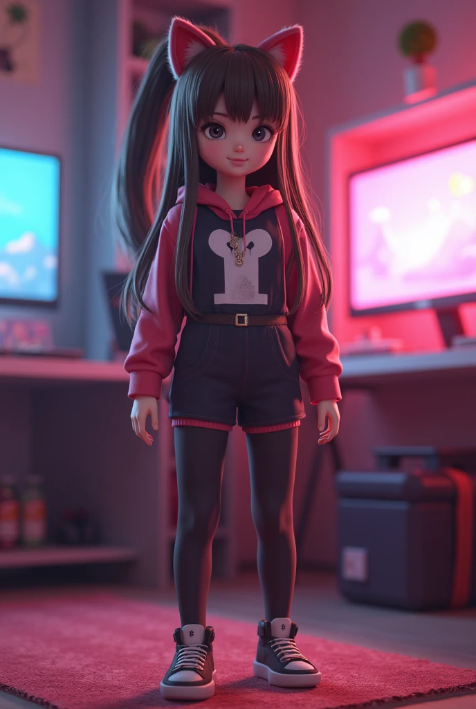 a high resolution 3D rendering of a young girl with cat ears and a cat suit, standing alone in a gaming room, with long brown hair in a ponytail, facing the camera, full body view, cute expression, in the art nouveau style