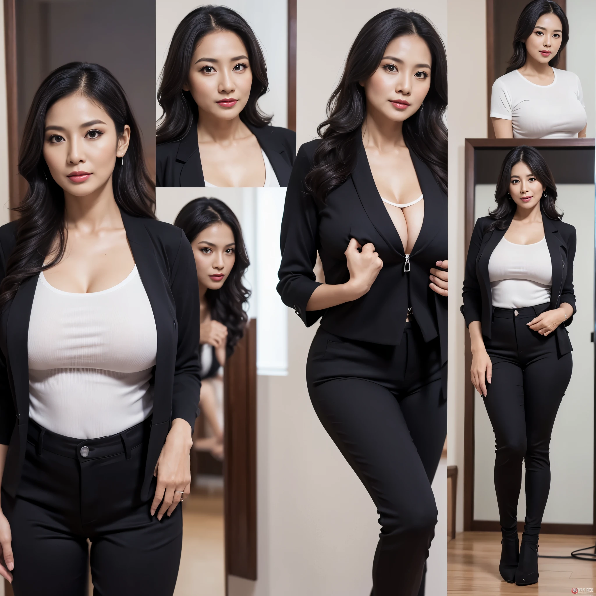 58-Years-Old,Female Teacher, Indonesian Mature Woman, Black wavy Long hair, Wearing Tight Blazer, wearing Thin T-Shirt, Wearing Long Stockings Pants, Realistic Ultra-Gigantic Breast : 176.9, (((Breast About to Burst out))), PP cup Breast, Seductive Look, full body shot, depth of field, best quality photo, 2048p, 128K HDR, (((Multiples Photos In One Frame)))