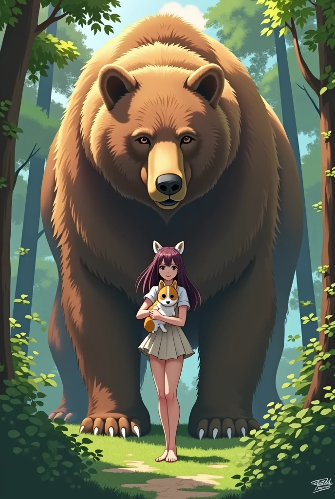 a giant brown bear protects a beautiful and sexy anime woman in the woods. The woman is holding a small corgi dog.
