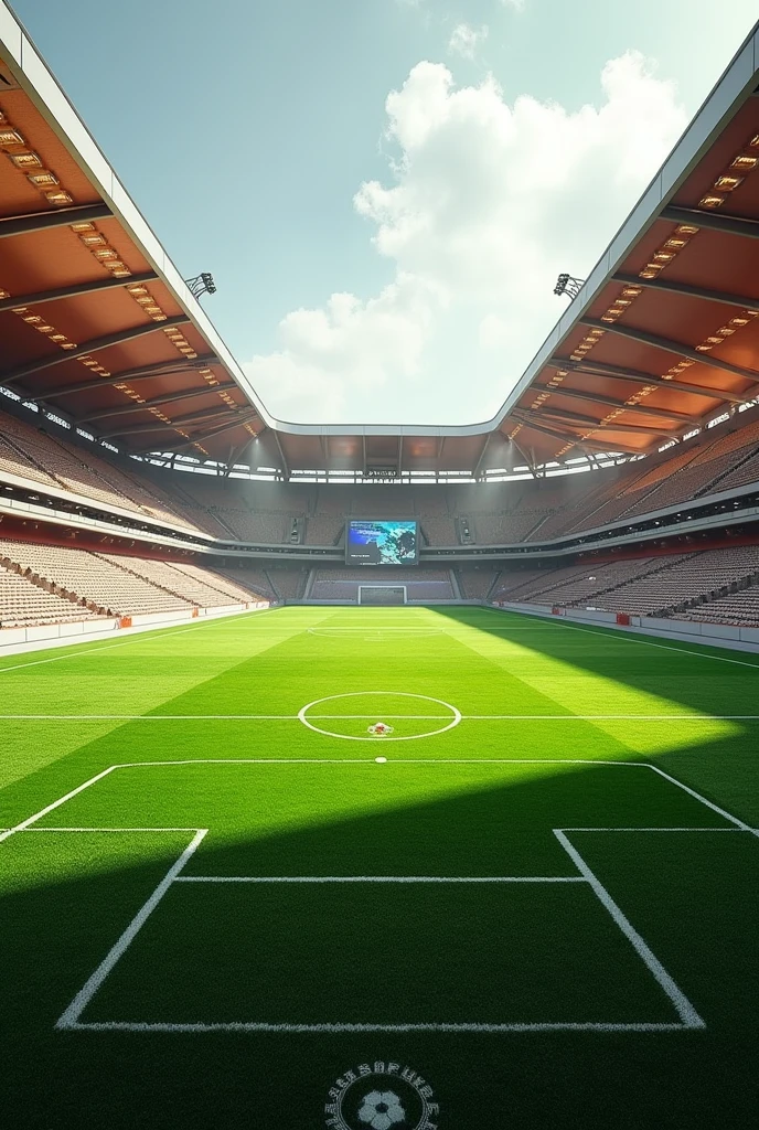 A futuristic soccer training ground with the most updated equipments and the grass green and structure light bronze
