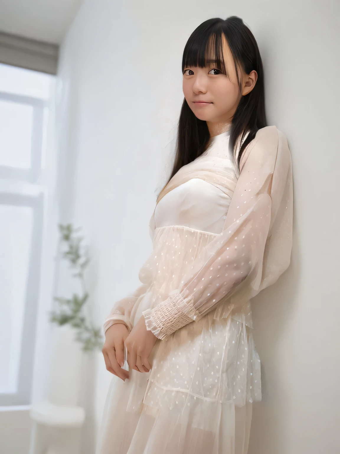 Super detailed,Highest quality,1 female,In a room with white walls,Posing for a photo,The background is blurred