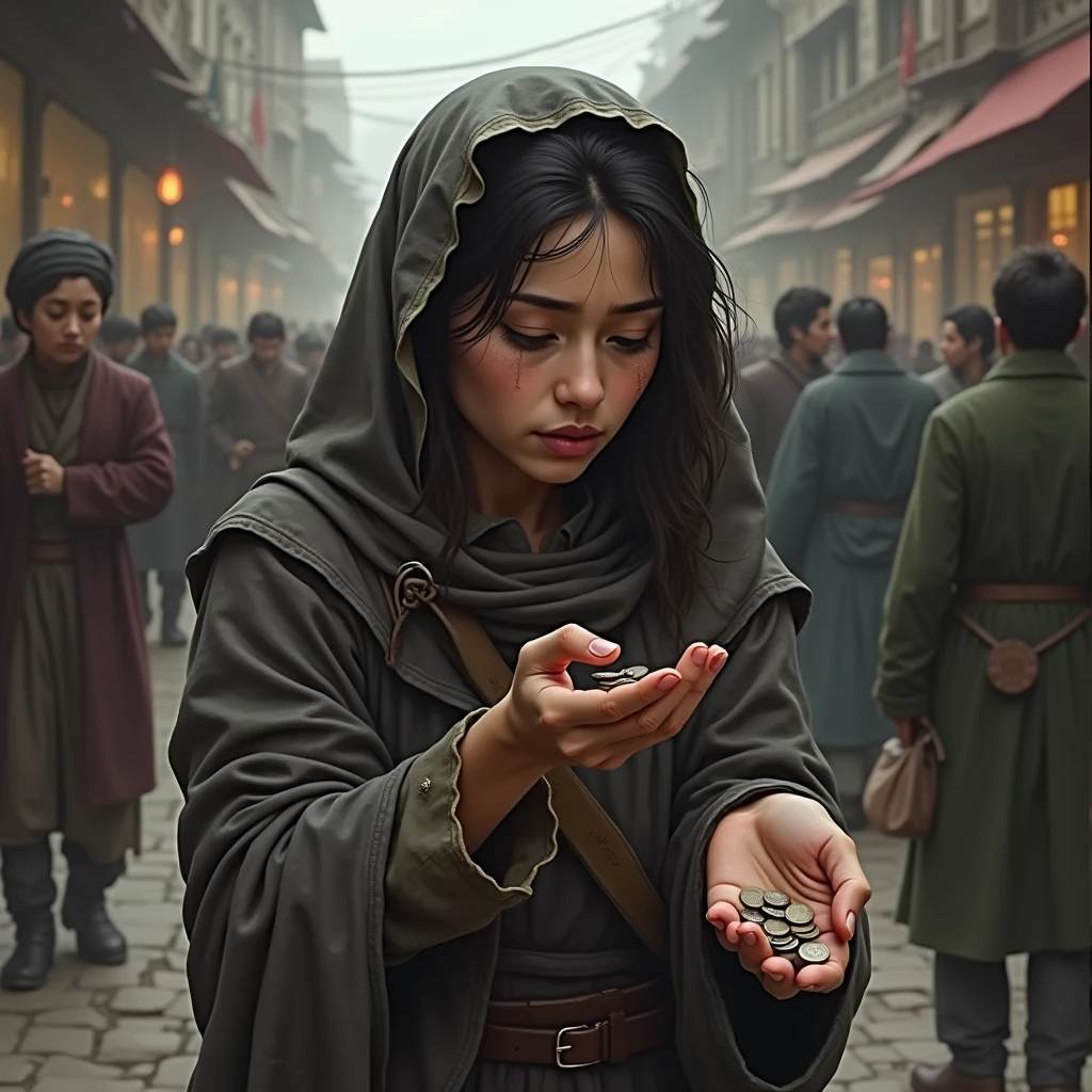 A poor young mother in the street of a kingdom was looking at the little change in her hand and was suffering.