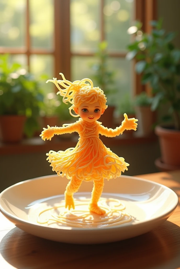 A whimsical miniature figure composed of delicately arranged noodles , poised in a carefree dance on the rim of a plate , white shiny plate , set on a table , vibrant kitchen backdrop, where dappled sunlight filters through the canopy above, casting intricate shadows. The overall aesthetic is ethereal, with warm, earthy tones of sienna, umber, infused with hints of emerald and golden light, evoking a sense of wonder and enchantment , as if plucked from a fantastical realm.