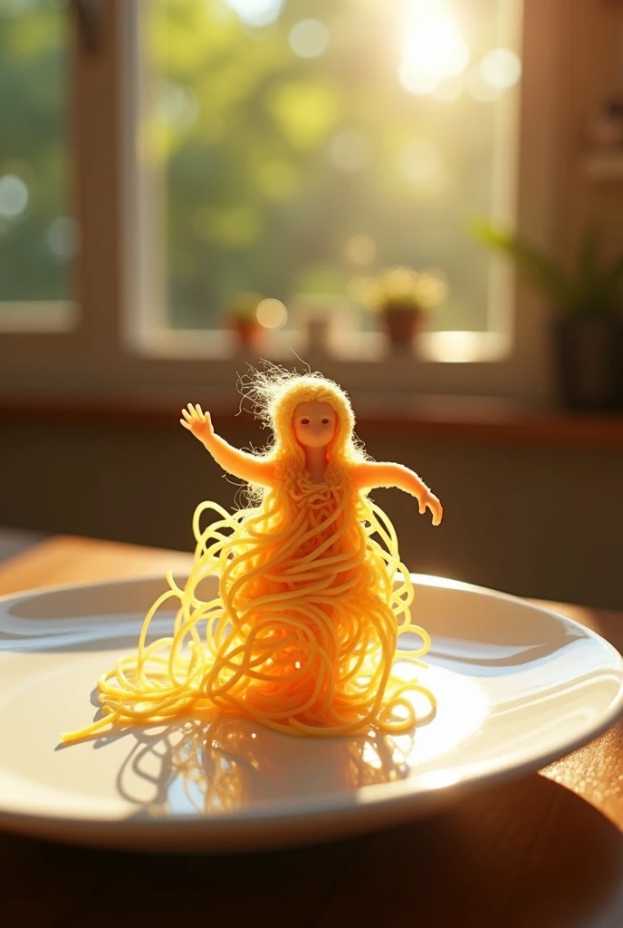 A whimsical miniature figure composed of delicately arranged noodles , poised in a carefree dance on the rim of a plate , white shiny plate , set on a table , vibrant kitchen backdrop, where dappled sunlight filters through the canopy above, casting intricate shadows. The overall aesthetic is ethereal, with warm, earthy tones of sienna, umber, infused with hints of emerald and golden light, evoking a sense of wonder and enchantment , as if plucked from a fantastical realm.