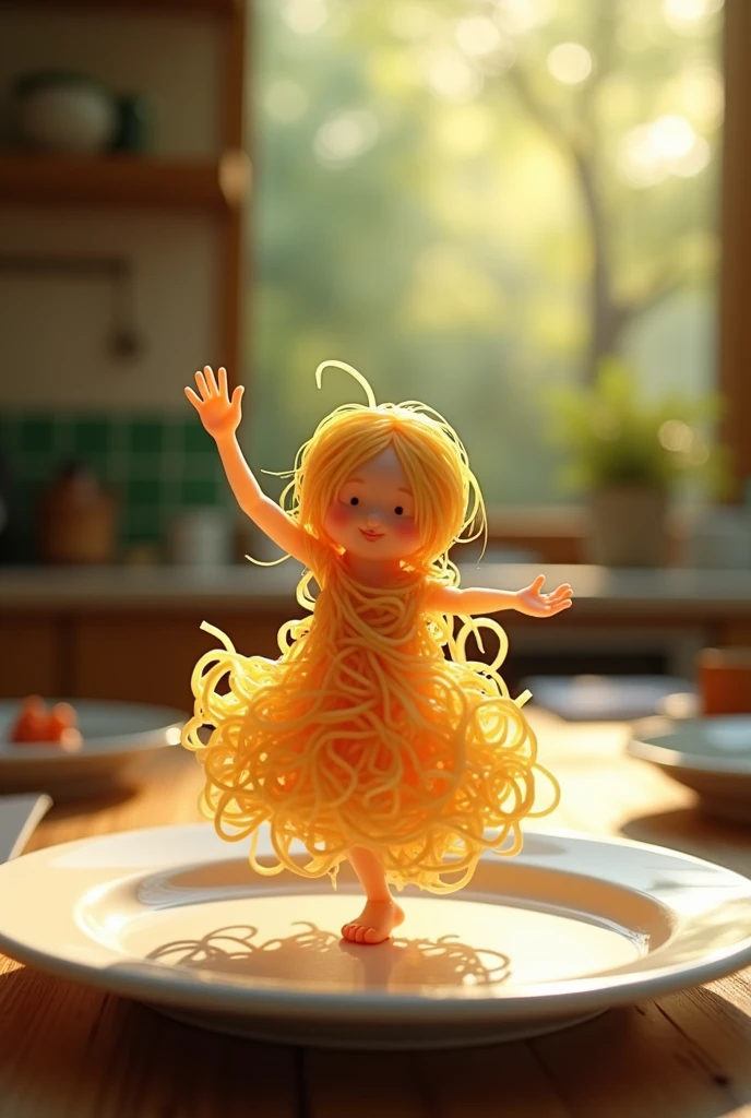 A whimsical miniature figure composed of delicately arranged noodles , poised in a carefree dance on the rim of a plate , white shiny plate , set on a table , vibrant kitchen backdrop, where dappled sunlight filters through the canopy above, casting intricate shadows. The overall aesthetic is ethereal, with warm, earthy tones of sienna, umber, infused with hints of emerald and golden light, evoking a sense of wonder and enchantment , as if plucked from a fantastical realm.