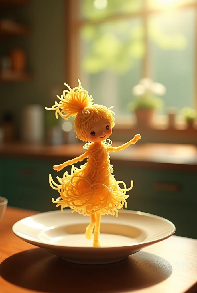 A whimsical miniature figure composed of delicately arranged noodles , poised in a carefree dance on the rim of a plate , white shiny plate , set on a table , vibrant kitchen backdrop, where dappled sunlight filters through the canopy above, casting intricate shadows. The overall aesthetic is ethereal, with warm, earthy tones of sienna, umber, infused with hints of emerald and golden light, evoking a sense of wonder and enchantment , as if plucked from a fantastical realm.