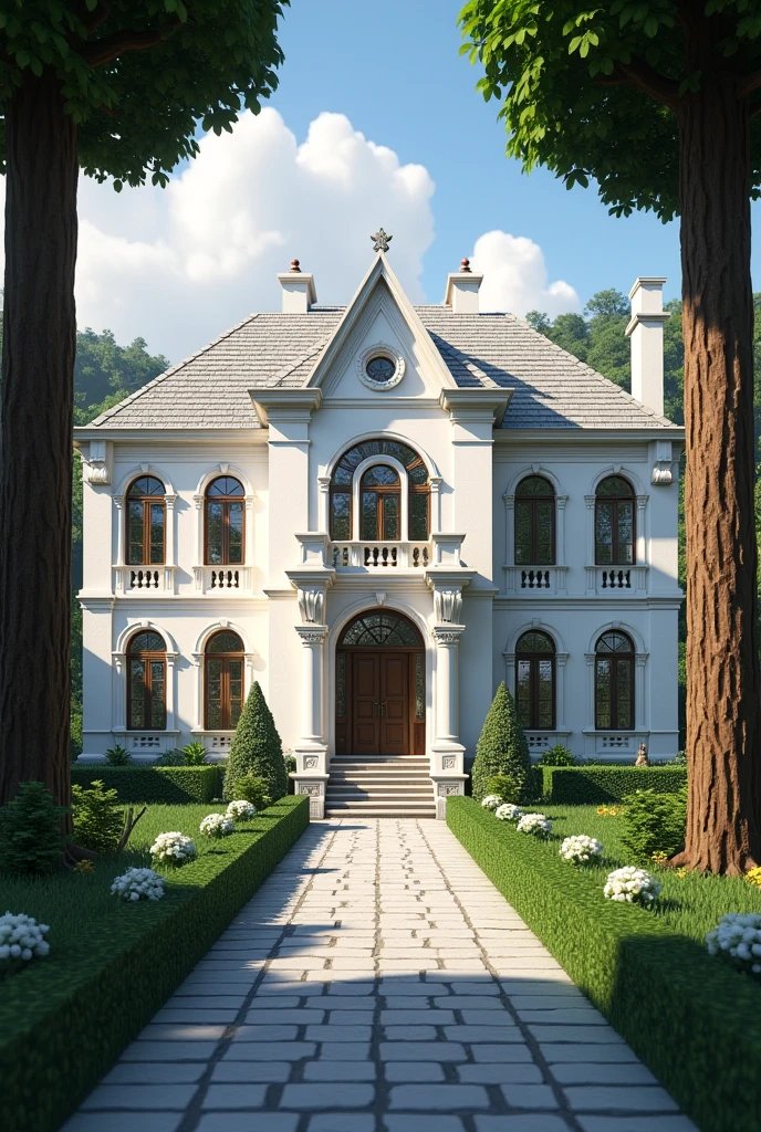 Create a medium sized minecraft mansion in white and grey