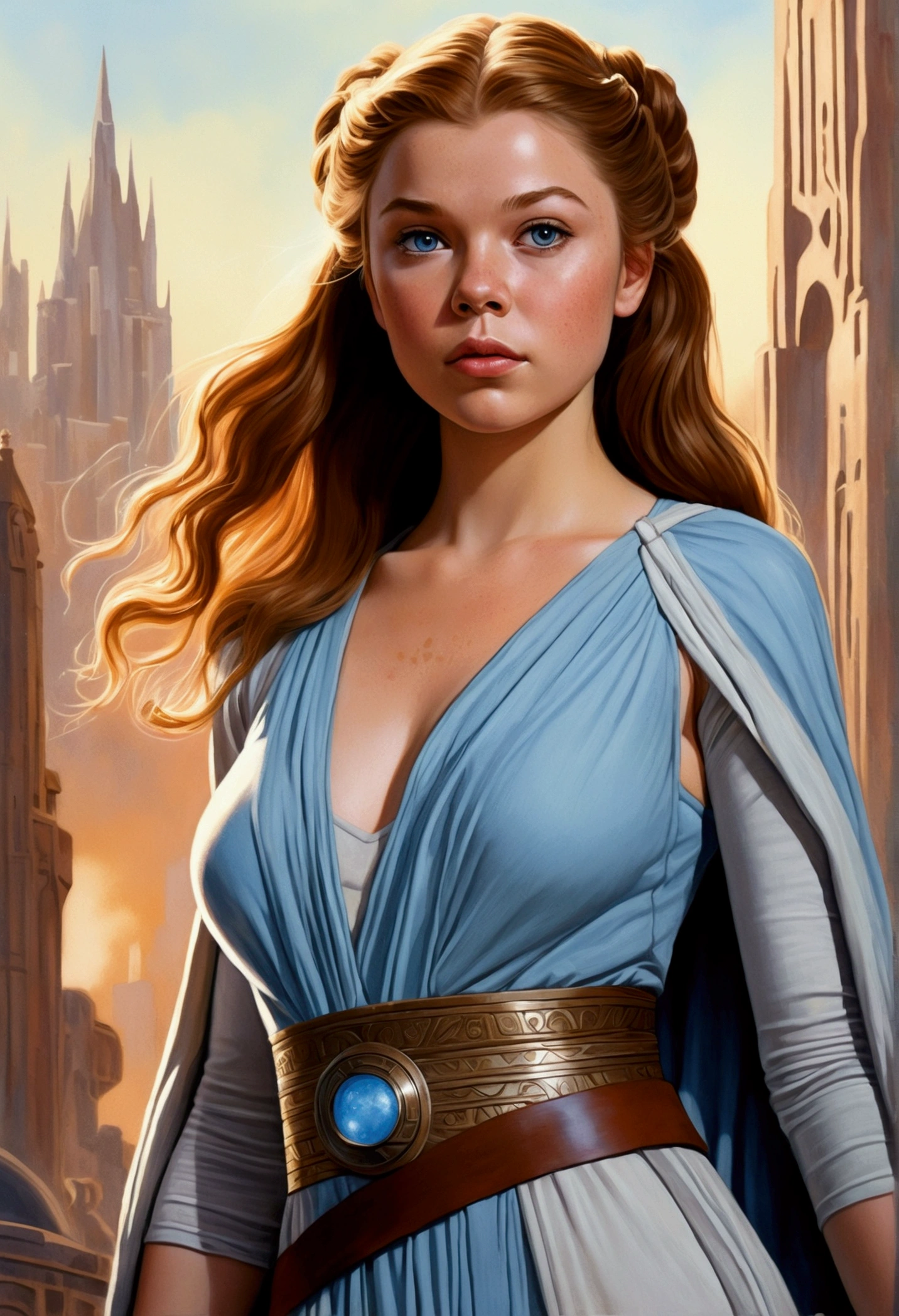 An illustrated movie poster, hand-drawn, full color, a teenage Jedi, 18-years-old, female, wearing a mini-dress, athletic hourglass figure, busty bosoms, full wide hips, massive round butt, long shapely legs, ridiculously thick powerful thighs, pale blue eyes, mousy brown hair, thick shaggy bangs, rosy sun-kissed complexion, freckles, resembles Margaery Tyrell, standing above Coruscant, graphite shading, stencil marks, airbrushed acrylic paint, masterpiece, in the style of Drew Struzan