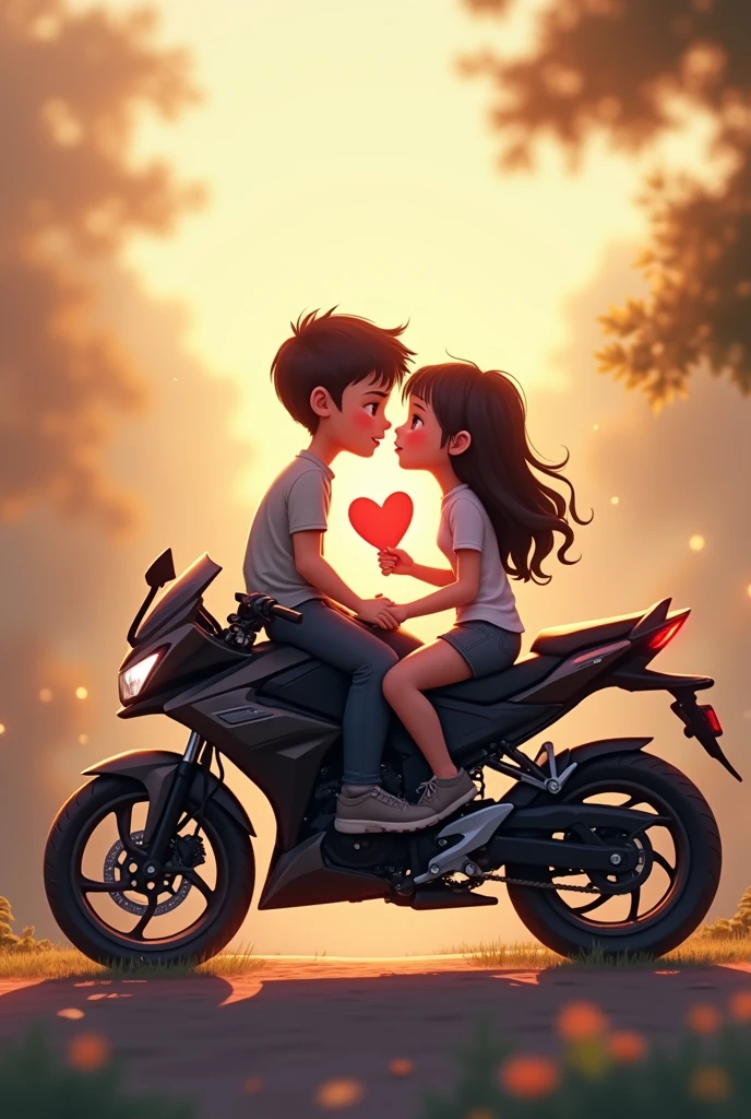 A boy and a girl are sitting on the bike called NS 200He conveys his love to her There should be a love in the middle and then the pictureA side view of the bike and her. A picture from a distance