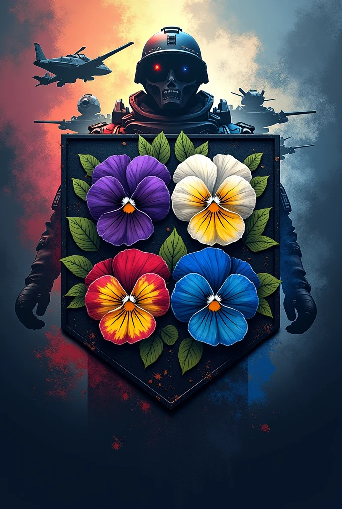 Create an aggressive military badge featuring four wild pansies at the center, each with a different color. The design should include something military in the background, making the pansies look fierce and intimidating.