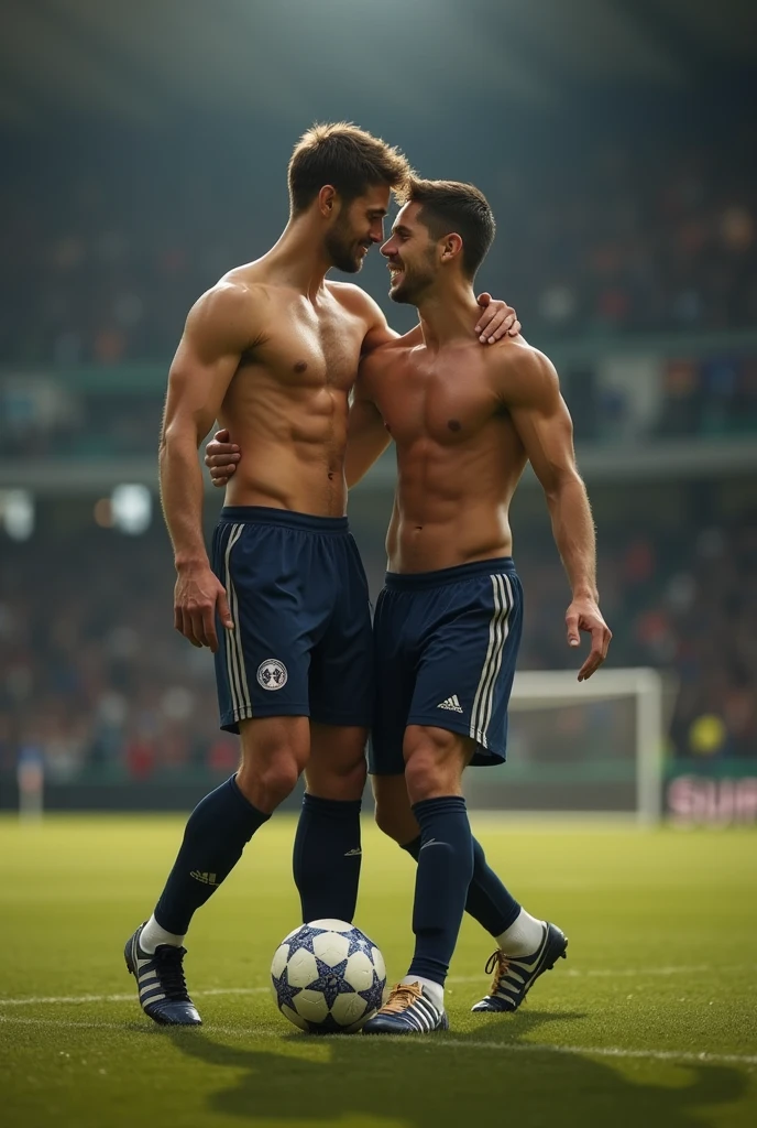 (photorealism:1.2), handsome muscular footbalist dad have sex with his age son horny in football court