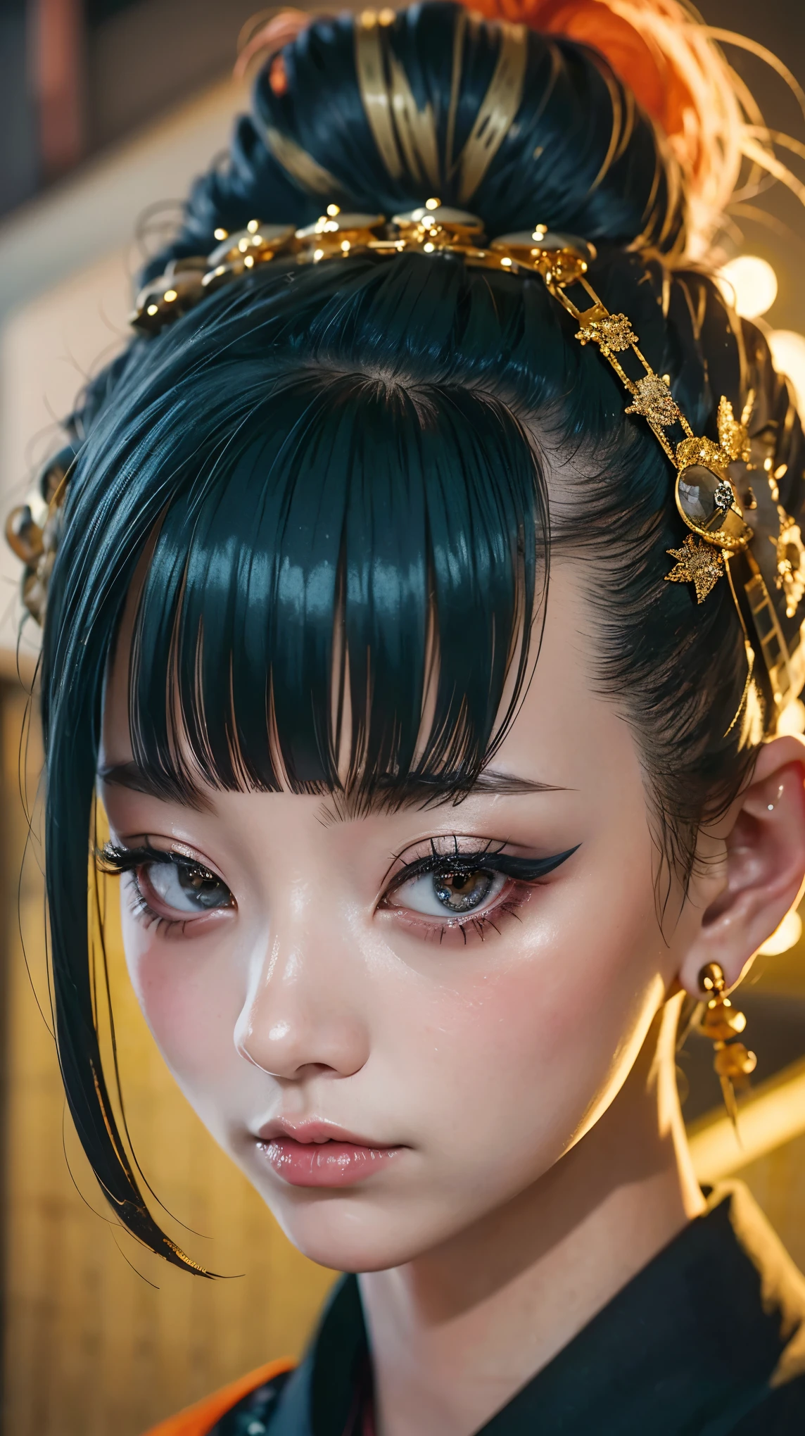 masterpiece, Highest quality, A solemn Japanese-style room with tatami mats, A large photograph of a woman from head to waist, profile, Chain-themed accessories, (Close up on face:1.5), (Punk rock kimono, black地に赤+gold:1.3), (black+Orange Hair Color, Mid-length hair, Bun Hair), (blackい瞳, Sparkling eyes), (Lots of eyelashes)