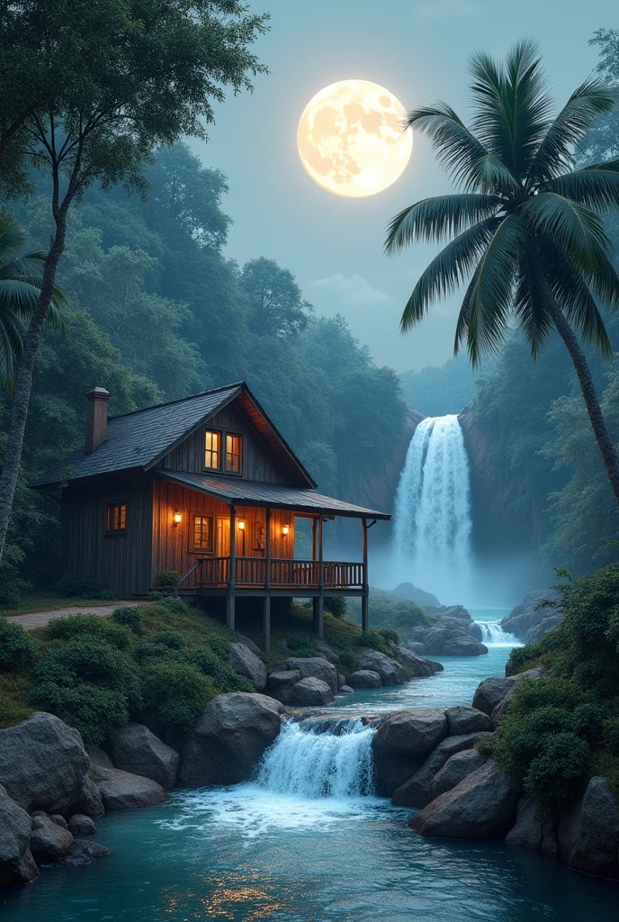 a wooden house, on the side a waterfall falling water, moon, palm trees, 8k, ultra-realistic