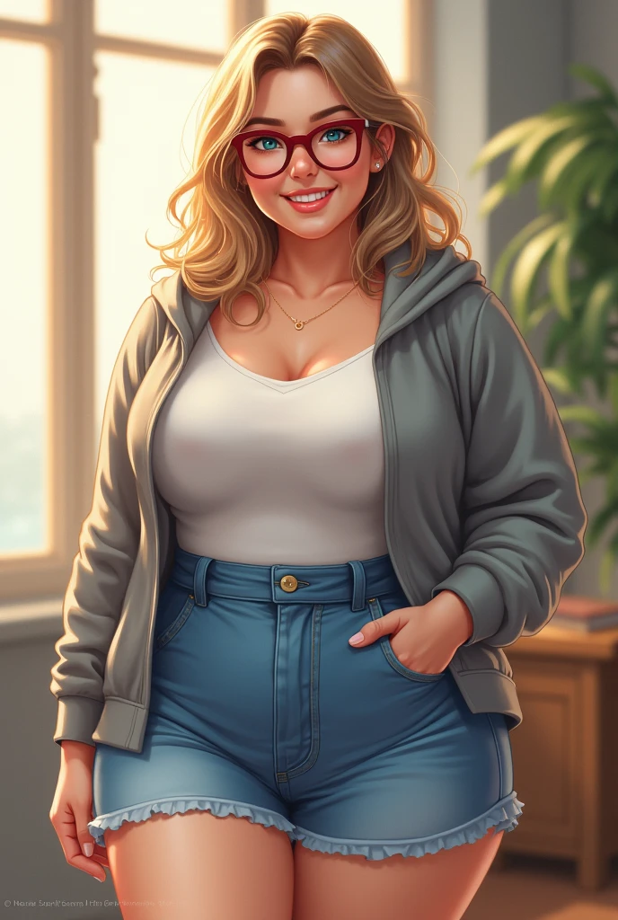 Dark blonde medium length hair, wine red square glasses. blue eyes. round face. A curvy body. However, their fat is distributed, that results in a fuller and curvy figure with a big ass and medium-sized tits. It is about 1,65 and wears a grey hoodie and a short, blue white summer skirt. She has a bright and joyful personality. She likes music and dancing but has certain self-doubts about her figure. She is also sometimes a bit disorganized and therefore seems sweet. She has a boyfriend in a long-distance relationship