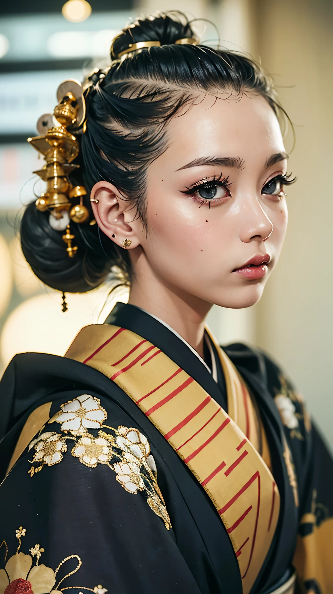 masterpiece, Highest quality, A solemn Japanese-style room with tatami mats, A large photograph of a woman from head to waist, profile, Chain-themed accessories, (Close up on face:1.5), (Punk rock kimono, black地に赤+gold:1.3), (black+Orange Hair Color, Mid-length hair, Bun Hair), (blackい瞳, Sparkling eyes), (Lots of eyelashes)