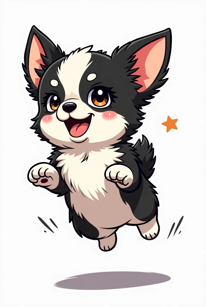Chihuahua, black and white face, white body, black sides of belly, black butt, fluffy ears, brown eyebrows, sparkling eyes, manga style, jumping all over, LINE stamp style, short legs