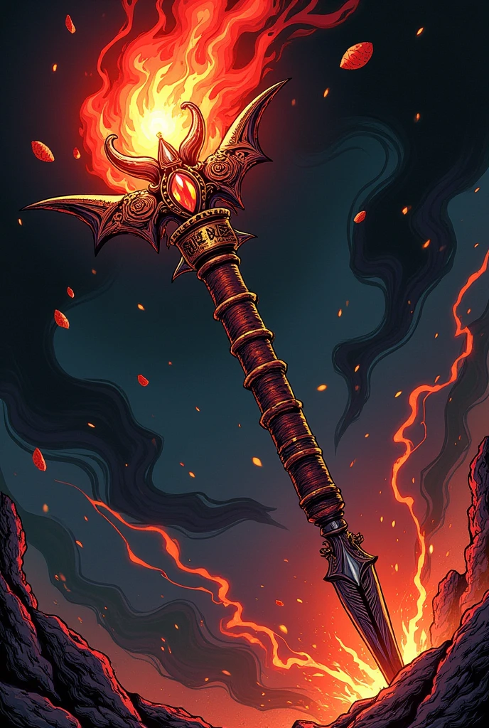 Create a demon staff that can release black fire and contains a sword hidden inside in a well-drawn comic book style.