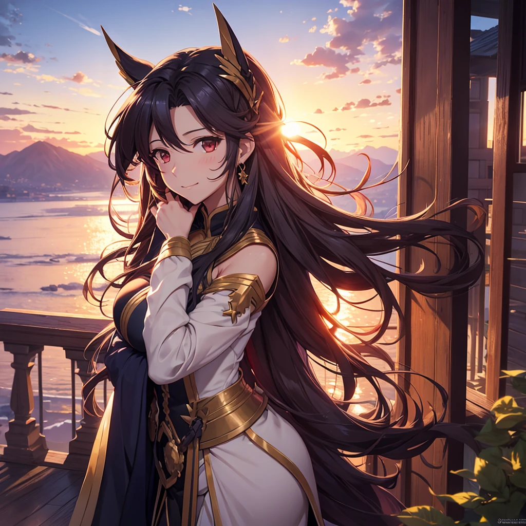 Ishtar from fate grand order watching the beautiful sunset and being happy