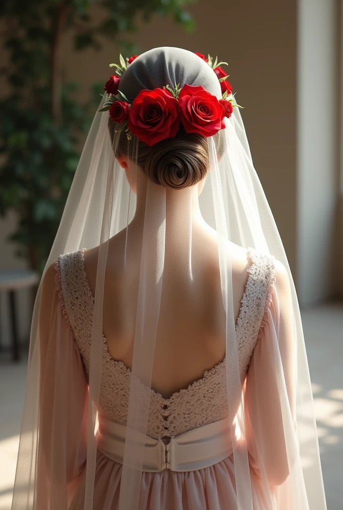 A hijabi bride from the back.Her hair-bun covered with red roses and a transparent veil over the head 