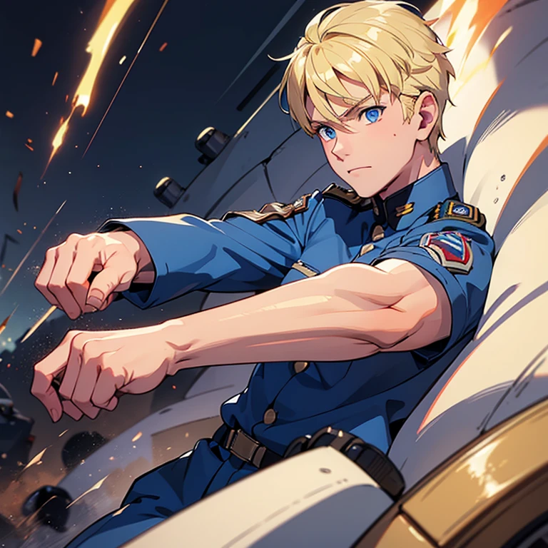 blond hair, blue eyes, young soldier, masculine, 20 years, athletic, Caucasian,  blond hair, blue eyes, marked arms, slightly inflated chest, strong abs. blue military uniform. M4A1 machine gun. 