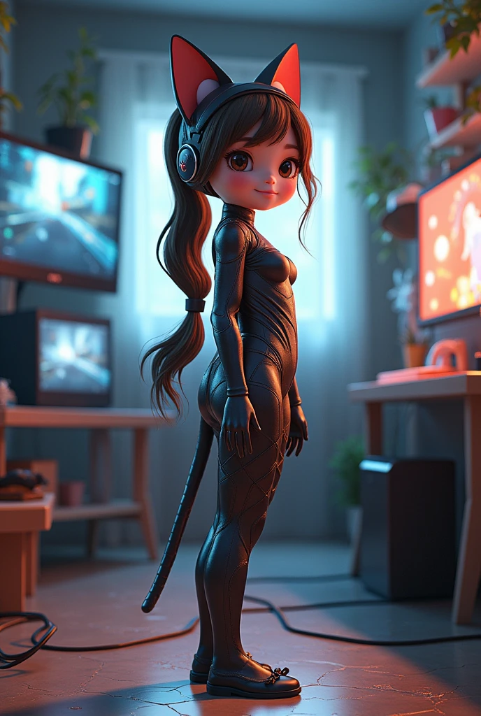 a high resolution 3D rendering of a young girl with cat ears and a cat suit, standing alone in a gaming room, with long brown hair in a ponytail, facing the camera, full body view, cute expression, in the art nouveau style