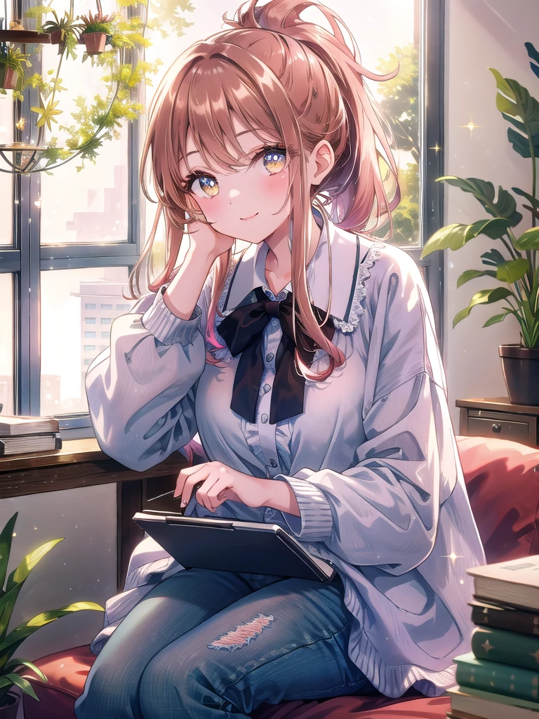 ((8k, Highest quality, masterpiece: 1.3)),Ultra-high resolution,(1 girl, alone), (Color changing eyes, Ultra-detailed, Expressive brilliance, Glitter, Glowing Eyes), Highly detailed eyes, Highly detailed face, Random Hair, ((pastel colour))The woman, with straight, chestnut hair tied back in a ponytail, sits at a desk in the living room, typing on her laptop. She’s dressed in a neat blouse and comfortable jeans. Her expression is one of focus and determination, her brown eyes fixed on the screen, but she occasionally looks up at the camera with a thoughtful, confident smile. The room is bright and airy, with a few houseplants adding a touch of greenery. Her partner is visible in the background, sitting on the couch with a book, creating a calm, productive atmosphere.