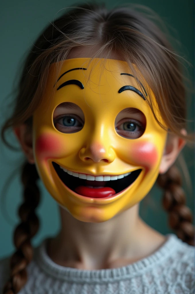 show face of a girl wearing a happy mask but the truth is she is sad.
